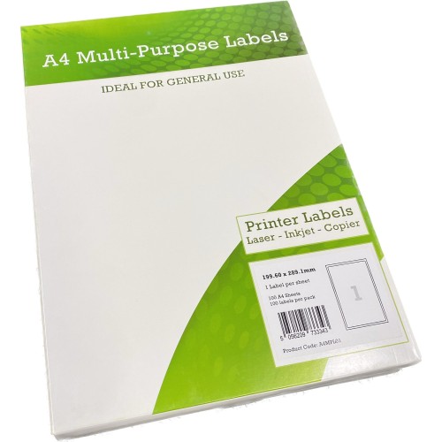 A4 Multipurpose Labels 1 Per Sheet 199.6 x 289mm (White) Pk of 100 A4 Multipurpose Labels 1 Per Sheet 199.6 x 289mm (White) Pk of 100