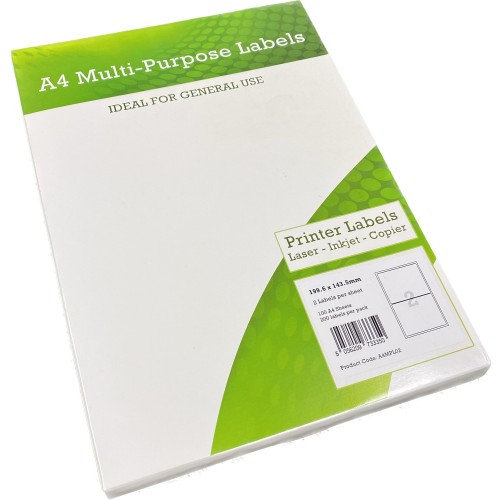 A4 Multipurpose Labels 2 Per Sheet 199.6 x 143.5mm (White) Pk of 100 A4 Multipurpose Labels 2 Per Sheet 199.6 x 143.5mm (White) Pk of 100
