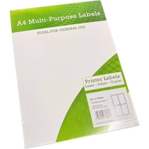 A4 Multipurpose Labels 4 Per Sheet 139 x 99.1mm (White) Pk of 100 A4 Multipurpose Labels 4 Per Sheet 139 x 99.1mm (White) Pk of 100