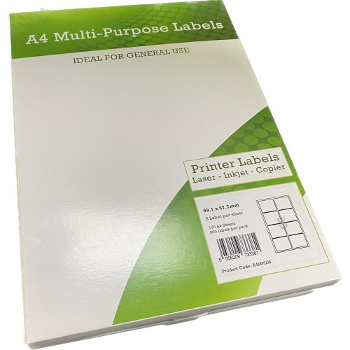 A4 Multipurpose Labels 8 Per Sheet 99.1 x 67.7mm (White) Pk of 100 A4 Multipurpose Labels 8 Per Sheet 99.1 x 67.7mm (White) Pk of 100