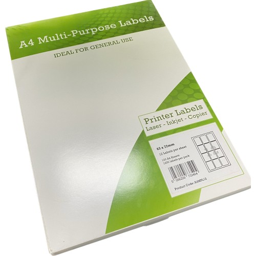 A4 Multipurpose Labels 12 Per Sheet 72 x 63.5mm (White) Pk of 100 A4 Multipurpose Labels 12 Per Sheet 72 x 63.5mm (White) Pk of 100