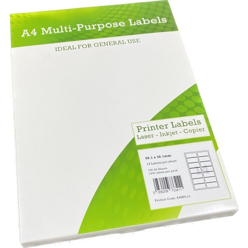 A4 Multipurpose Labels 14 Per Sheet 99.1 x 38.1mm (White) Pk of 100 A4 Multipurpose Labels 14 Per Sheet 99.1 x 38.1mm (White) Pk of 100