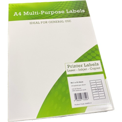A4 Multipurpose Labels 16 Per Sheet 99.1 x 33.9mm (White) Pk of 100 A4 Multipurpose Labels 16 Per Sheet 99.1 x 33.9mm (White) Pk of 100