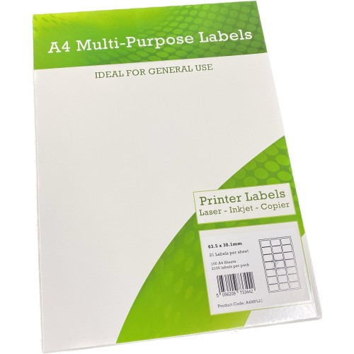 A4 Multipurpose Labels 21 Per Sheet 63.5 x 38mm (White) Pk of 100 A4 Multipurpose Labels 21 Per Sheet 63.5 x 38mm (White) Pk of 100