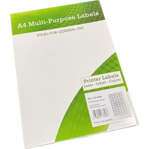 A4 Multipurpose Labels 65 Per Sheet 38.1 x 21.2mm (White) Pk of 100 A4 Multipurpose Labels 65 Per Sheet 38.1 x 21.2mm (White) Pk of 100