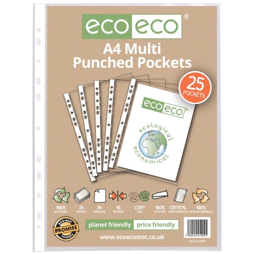 A4 100% Recycled Bag Multi Punched Pockets - Pack of 25 A4 100% Recycled Bag Multi Punched Pockets - Pack of 25