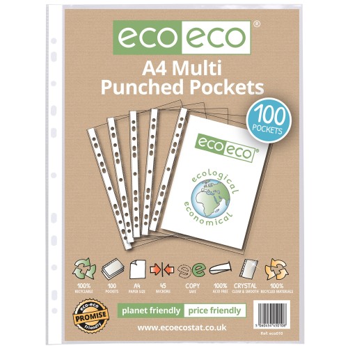 A4 100% Recycled Bag Multi Punched Pockets - Pack of 100 A4 100% Recycled Bag Multi Punched Pockets - Pack of 100