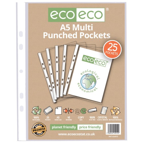 A5 100% Recycled Bag Multi Punched Pockets - Pack of 25