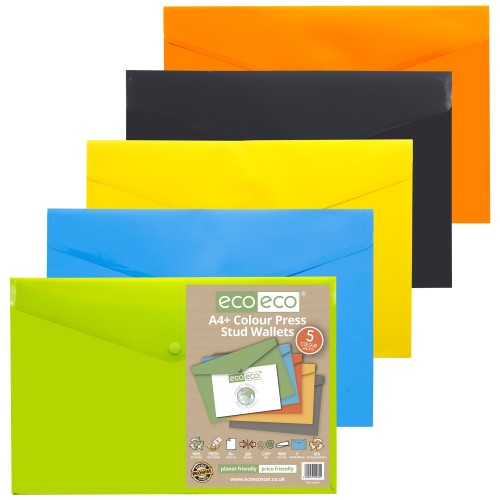 A4+ 50% Recycled Colour Press Stud Wallets - Pack of 5 A4+ 50% Recycled Colour Press Stud Wallets - Pack of 5