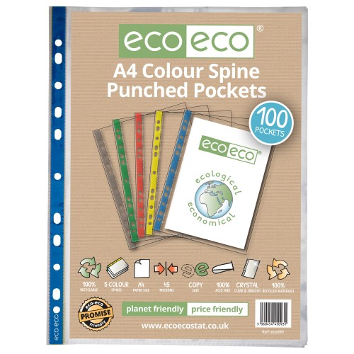 A4 100% Recycled Bag Colour Spine Multi Punched Pockets - Pack of 100 A4 100% Recycled Bag Colour Spine Multi Punched Pockets - Pack of 100
