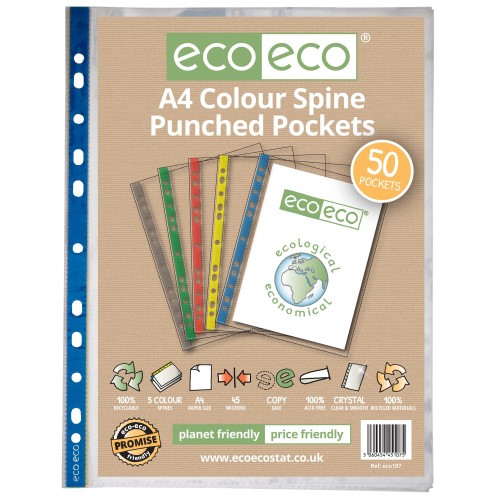 A4 100% Recycled Bag 50 Colour Spine Multi Punched Pockets - Pack of 50 A4 100% Recycled Bag 50 Colour Spine Multi Punched Pockets - Pack of 50