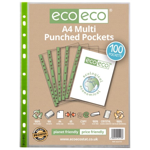 A4 100% Recycled Bag 100 65 Micron Multi Punched Pockets - Pack of 100 A4 100% Recycled Bag 100 65 Micron Multi Punched Pockets - Pack of 100