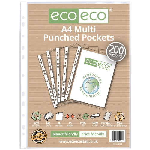 A4 100% Recycled Bag 200 Multi Punched Pockets - Pack of 200 A4 100% Recycled Bag 200 Multi Punched Pockets - Pack of 200