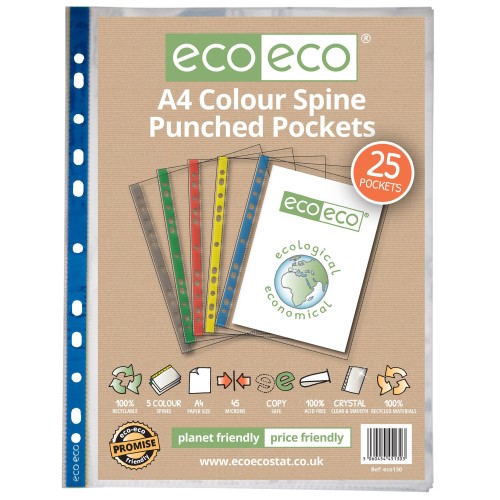 A4 100% Recycled Bag 25 Colour Spine Multi Punched Pockets - Pack of 25 A4 100% Recycled Bag 25 Colour Spine Multi Punched Pockets - Pack of 25