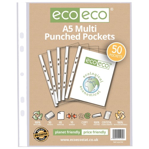 A5 100% Recycled Bag 50 Multi Punched Pockets - Pack of 50 A5 100% Recycled Bag 50 Multi Punched Pockets - Pack of 50