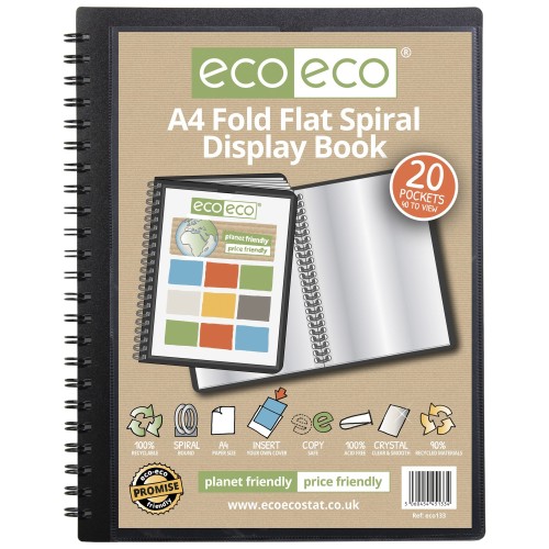 A4 50% recycled 20 pocket Fold Flat Spiral display book - Single