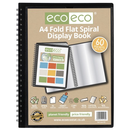 A4 50% recycled 60 pocket Fold Flat Spiral display book - Single