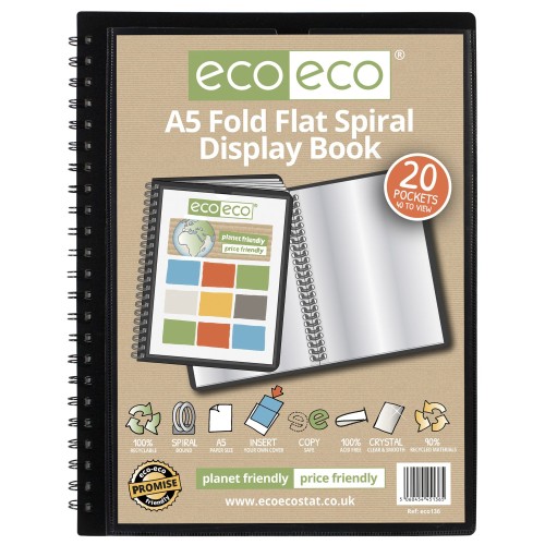 A5 50% recycled 20 pocket Fold Flat Spiral display book - Single