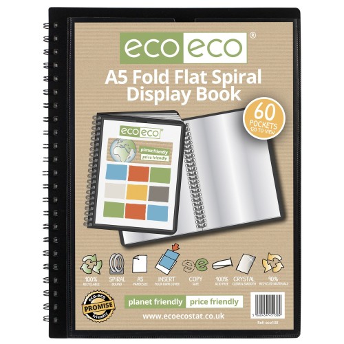 A5 50% recycled 60 pocket Fold Flat Spiral display book - Single