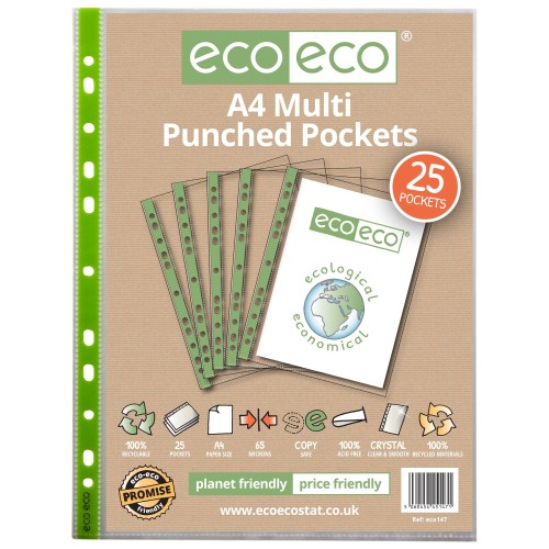 A4 100% Recycled Bag 25 65 Micron Multi Punched Pockets - Pack of 25 A4 100% Recycled Bag 25 65 Micron Multi Punched Pockets - Pack of 25