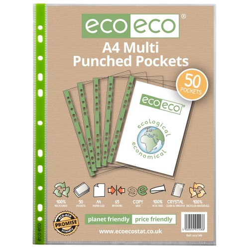 A4 100% Recycled Bag 50 65 Micron Multi Punched Pockets - Pack of 50 A4 100% Recycled Bag 50 65 Micron Multi Punched Pockets - Pack of 50