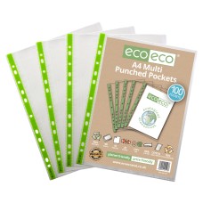 A4 100% Recycled Bag 100 65 Micron Multi Punched Pockets - Pack of 100