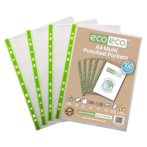 A4 100% Recycled Bag 100 65 Micron Multi Punched Pockets - Pack of 100 A4 100% Recycled Bag 100 65 Micron Multi Punched Pockets - Pack of 100